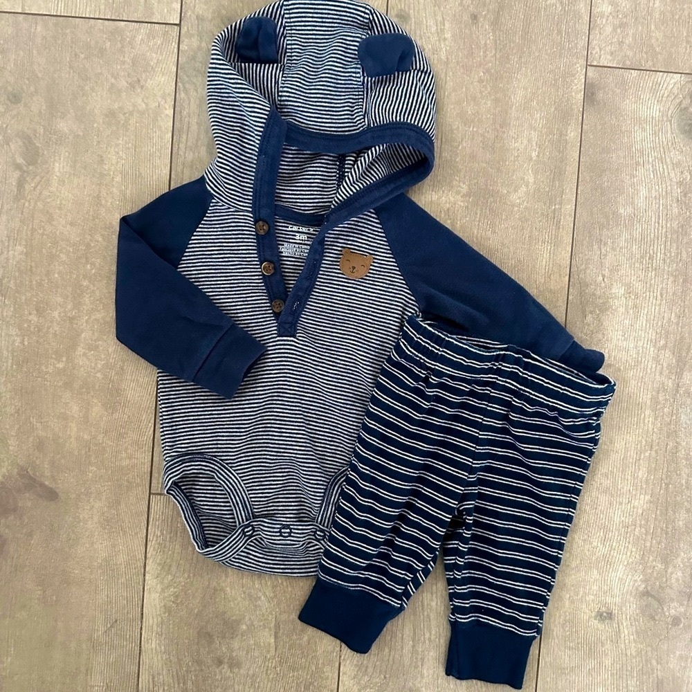 Carter’s 3 m baby boy matching outfit hoodie long sleeve bodysuit shirt & pants